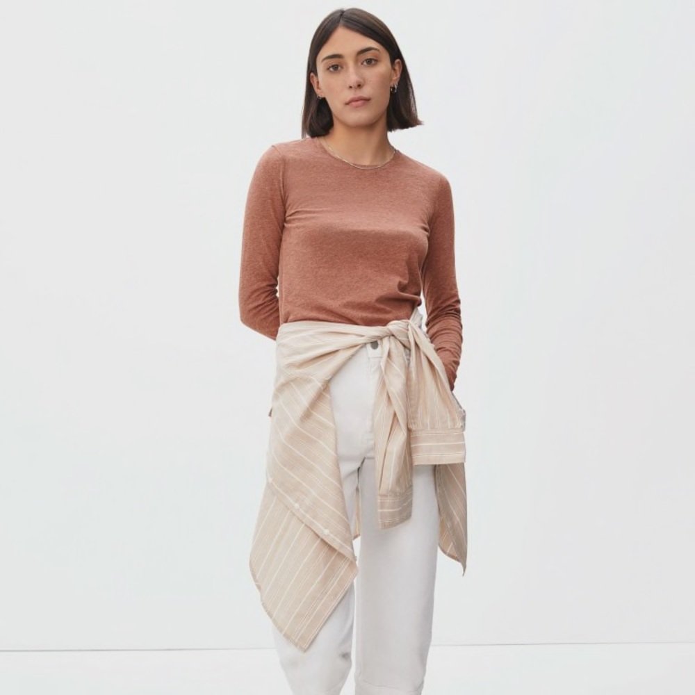EUC everlane The Organic Cotton Long-Sleeve Crew long sleeve top heathered brown